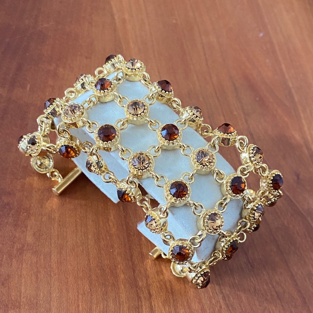 Y2k Gold Toned Bracelet with Neutral and Orange Rhinestones